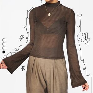 Disturbia Brown Sheer Ribbed Long Sleeve Top with Flared Sleeves